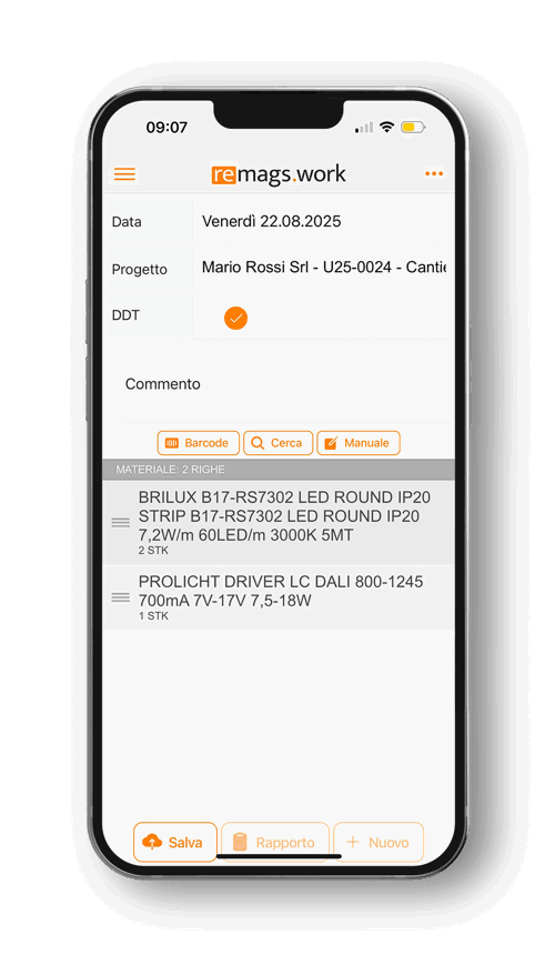 Registrazione materiali